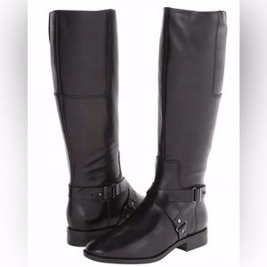 Nine West Blogger Black Leather Side Zip Riding Boots w/ Strap Detail